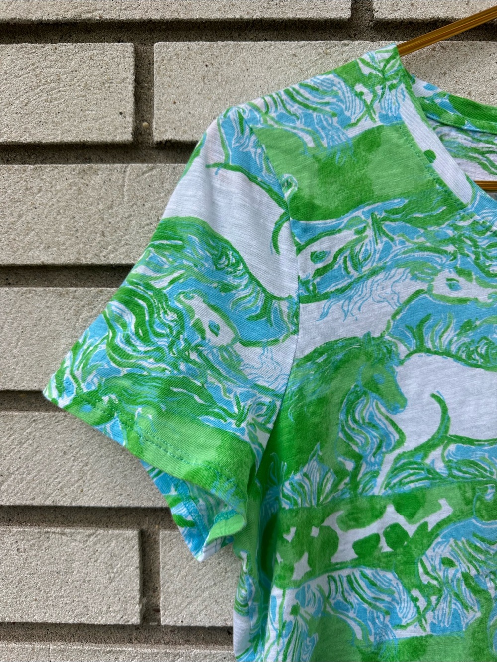 Lilly Pulitzer Etta Galloping Gals Capri Blue Cotton Cropped Top S Horse Print - Picture 6 of 10
